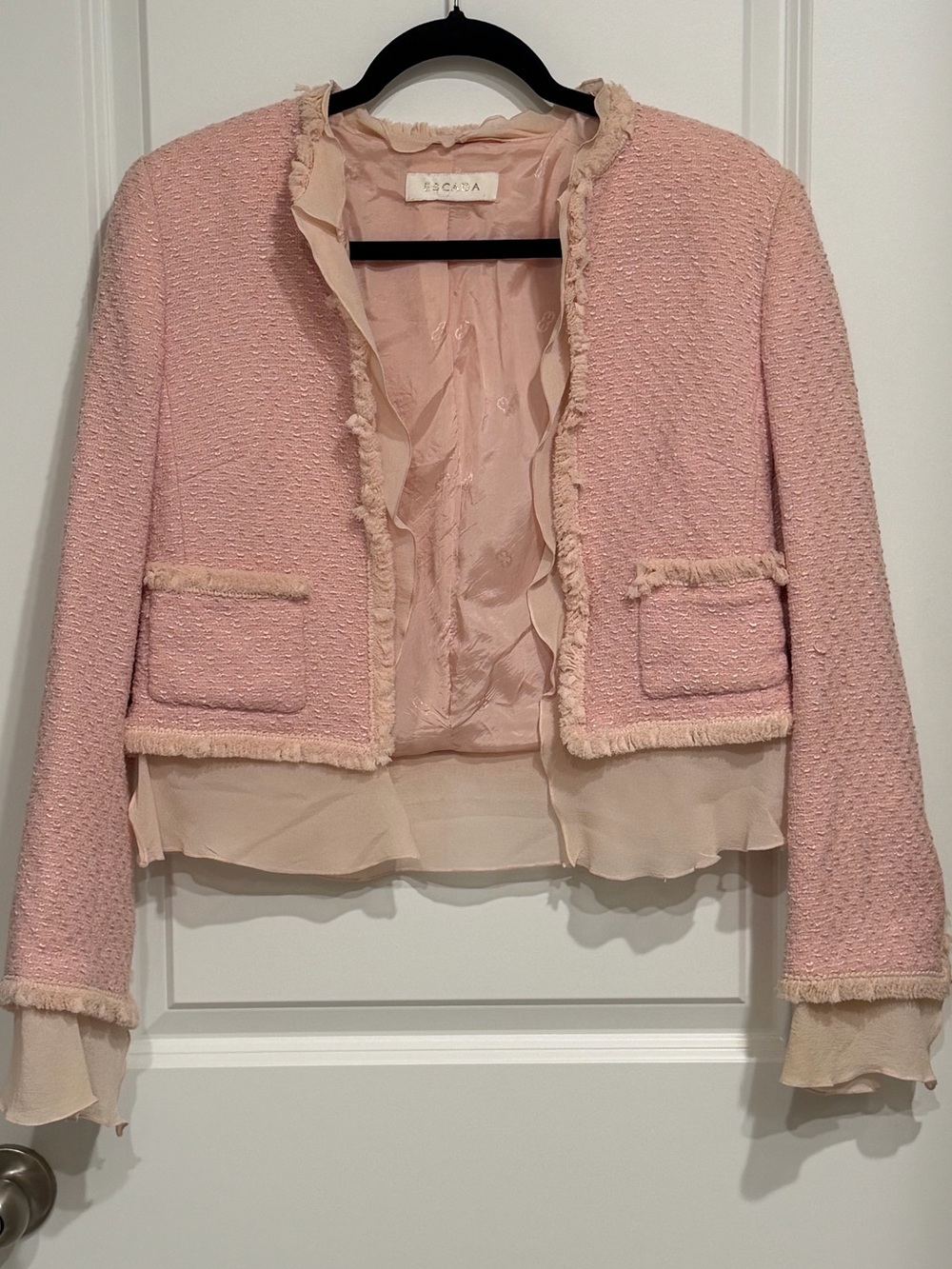ESCADA Women's Pink Open Front Fringe Ruffle Trim Lined Jacket Garden Party VTG